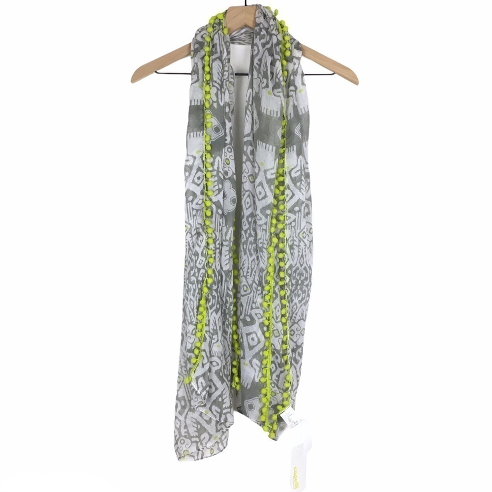 CAPELLI Scarf Ikat Pom Poms Neon Boho Southwestern Tribal Sheer Lightweight NWT